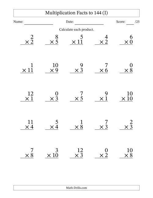 The Multiplication Facts to 144 (25 Questions) (With Zeros) (I) Math Worksheet