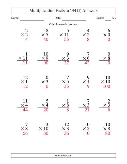 The Multiplication Facts to 144 (25 Questions) (With Zeros) (I) Math Worksheet Page 2