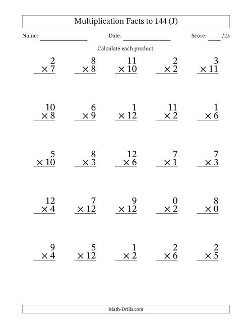 The Multiplication Facts to 144 (25 Questions) (With Zeros) (J) Math Worksheet