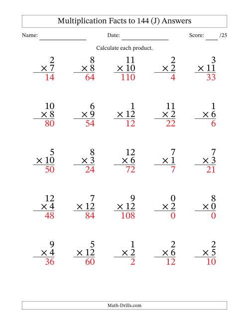 The Multiplication Facts to 144 (25 Questions) (With Zeros) (J) Math Worksheet Page 2