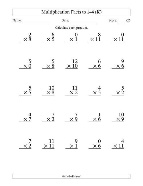 The Multiplication Facts to 144 (25 Questions) (With Zeros) (K) Math Worksheet