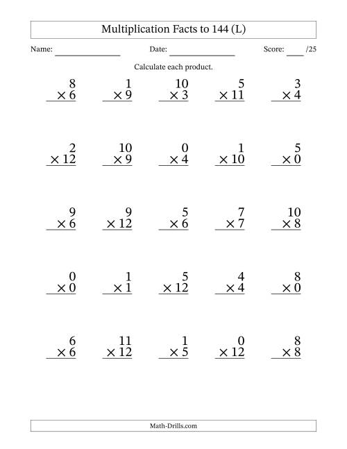 The Multiplication Facts to 144 (25 Questions) (With Zeros) (L) Math Worksheet