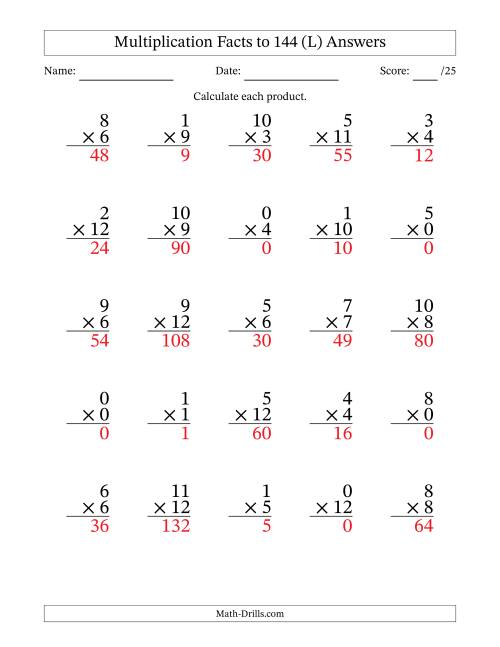 The Multiplication Facts to 144 (25 Questions) (With Zeros) (L) Math Worksheet Page 2
