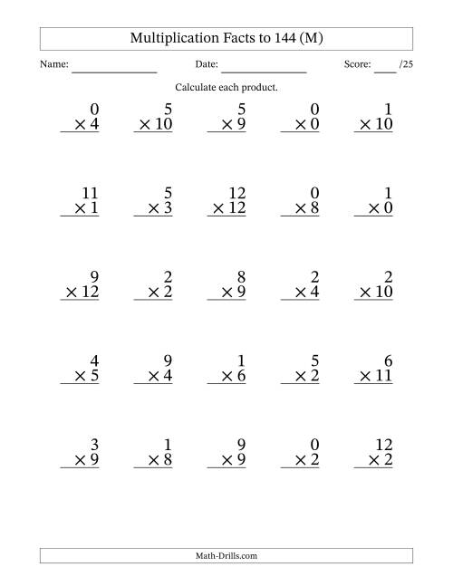 The Multiplication Facts to 144 (25 Questions) (With Zeros) (M) Math Worksheet