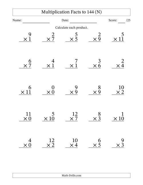 The Multiplication Facts to 144 (25 Questions) (With Zeros) (N) Math Worksheet