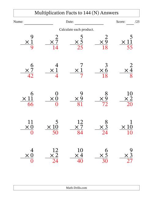 The Multiplication Facts to 144 (25 Questions) (With Zeros) (N) Math Worksheet Page 2