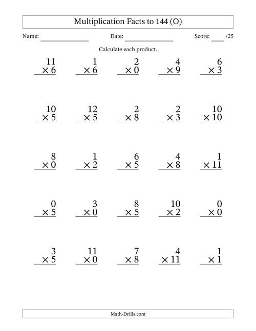 The Multiplication Facts to 144 (25 Questions) (With Zeros) (O) Math Worksheet