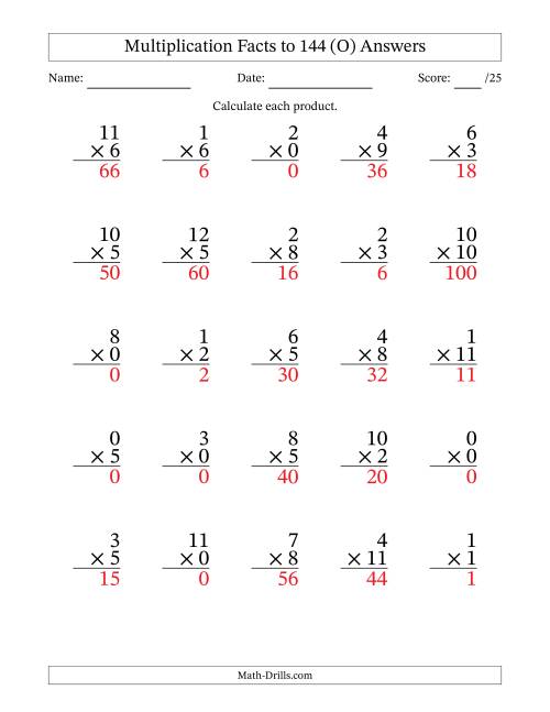 The Multiplication Facts to 144 (25 Questions) (With Zeros) (O) Math Worksheet Page 2