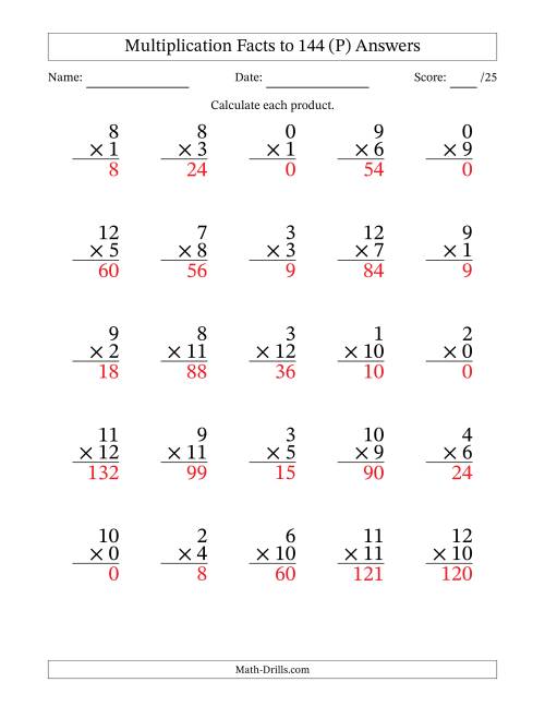 The Multiplication Facts to 144 (25 Questions) (With Zeros) (P) Math Worksheet Page 2