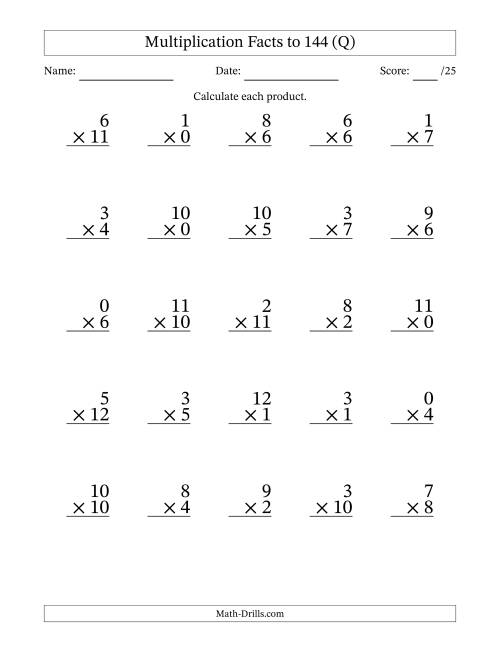The Multiplication Facts to 144 (25 Questions) (With Zeros) (Q) Math Worksheet