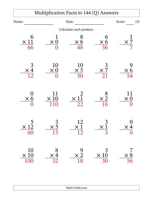 The Multiplication Facts to 144 (25 Questions) (With Zeros) (Q) Math Worksheet Page 2