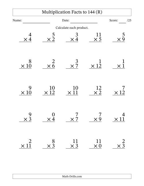 The Multiplication Facts to 144 (25 Questions) (With Zeros) (R) Math Worksheet