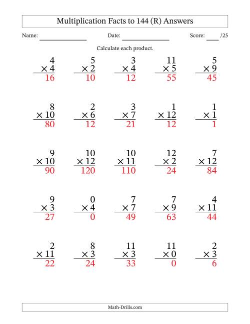 The Multiplication Facts to 144 (25 Questions) (With Zeros) (R) Math Worksheet Page 2