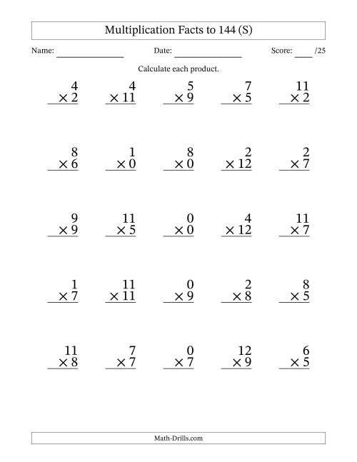 The Multiplication Facts to 144 (25 Questions) (With Zeros) (S) Math Worksheet
