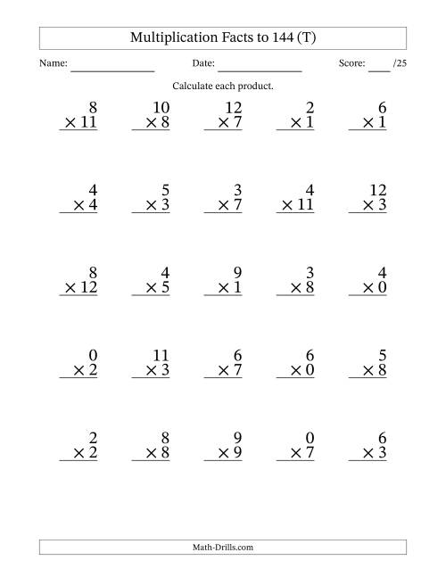 The Multiplication Facts to 144 (25 Questions) (With Zeros) (T) Math Worksheet