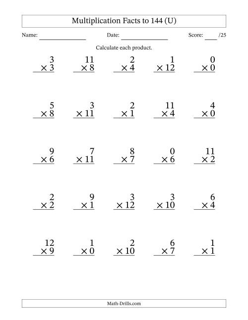 The Multiplication Facts to 144 (25 Questions) (With Zeros) (U) Math Worksheet