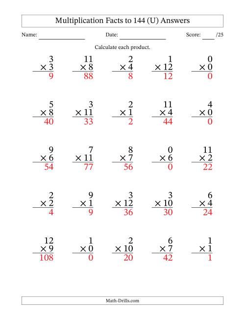The Multiplication Facts to 144 (25 Questions) (With Zeros) (U) Math Worksheet Page 2