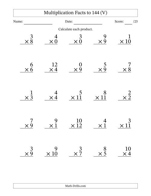 The Multiplication Facts to 144 (25 Questions) (With Zeros) (V) Math Worksheet