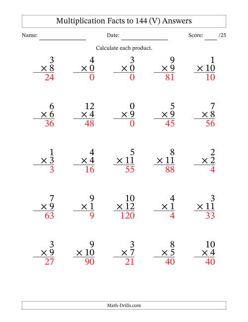 The Multiplication Facts to 144 (25 Questions) (With Zeros) (V) Math Worksheet Page 2