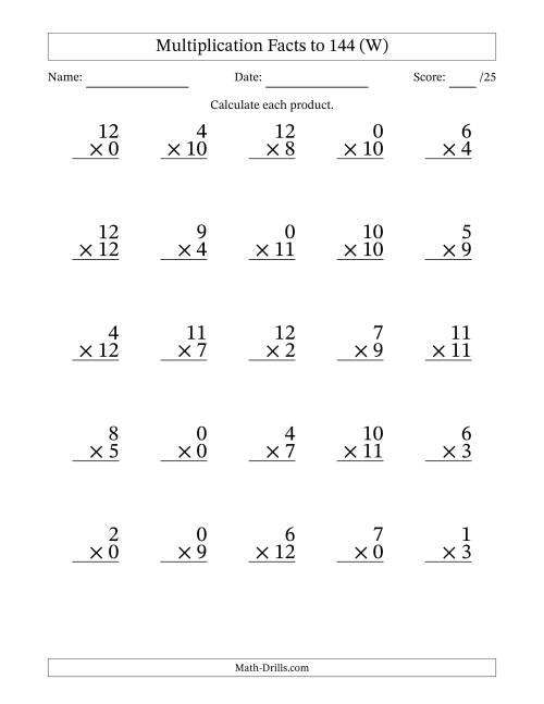 The Multiplication Facts to 144 (25 Questions) (With Zeros) (W) Math Worksheet