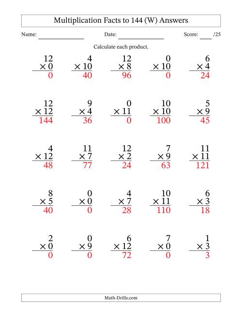 The Multiplication Facts to 144 (25 Questions) (With Zeros) (W) Math Worksheet Page 2