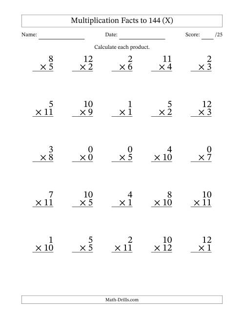 The Multiplication Facts to 144 (25 Questions) (With Zeros) (X) Math Worksheet