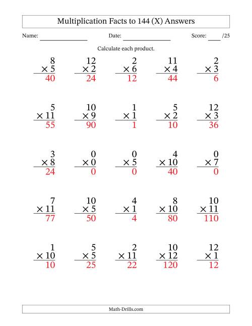 The Multiplication Facts to 144 (25 Questions) (With Zeros) (X) Math Worksheet Page 2