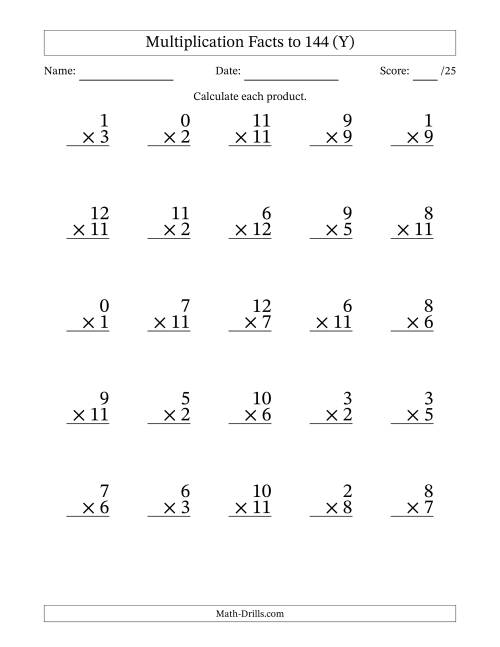 The Multiplication Facts to 144 (25 Questions) (With Zeros) (Y) Math Worksheet