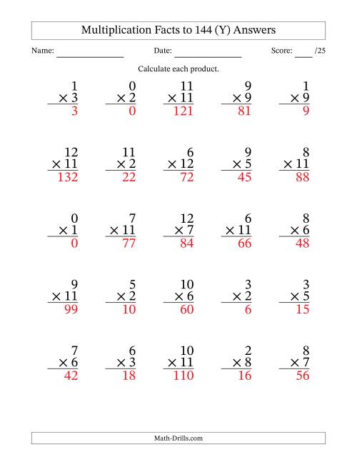 The Multiplication Facts to 144 (25 Questions) (With Zeros) (Y) Math Worksheet Page 2