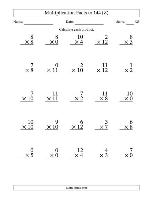 The Multiplication Facts to 144 (25 Questions) (With Zeros) (Z) Math Worksheet