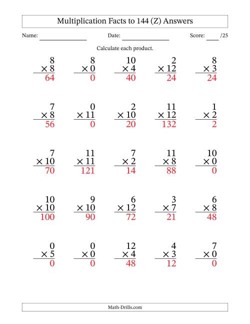 The Multiplication Facts to 144 (25 Questions) (With Zeros) (Z) Math Worksheet Page 2
