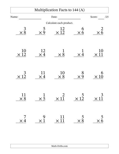 The Multiplication Facts to 144 (25 Questions) (With Zeros) (All) Math Worksheet