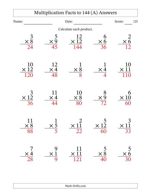 The Multiplication Facts to 144 (25 Questions) (With Zeros) (All) Math Worksheet Page 2