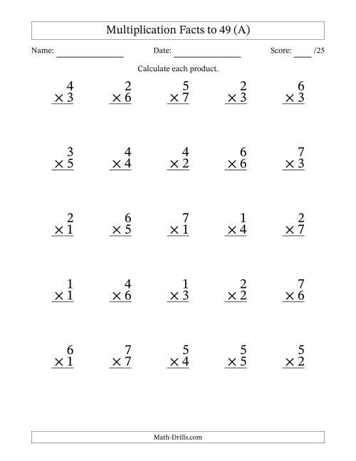 The Multiplication Facts to 49 (25 Questions) (No Zeros) (A) Math Worksheet