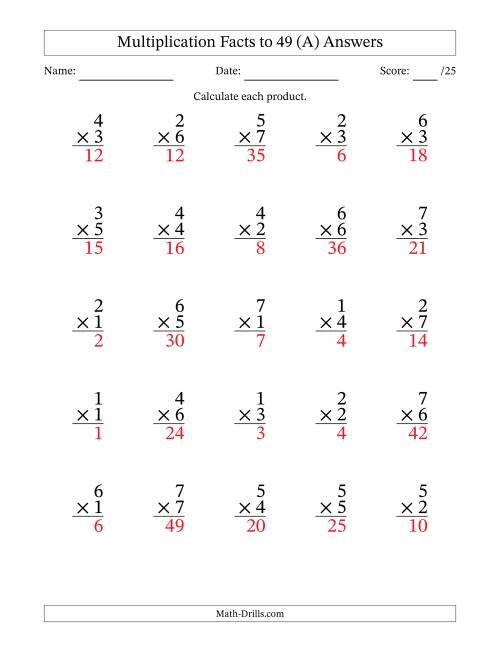 The Multiplication Facts to 49 (25 Questions) (No Zeros) (A) Math Worksheet Page 2