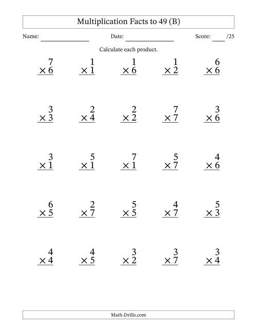 The Multiplication Facts to 49 (25 Questions) (No Zeros) (B) Math Worksheet