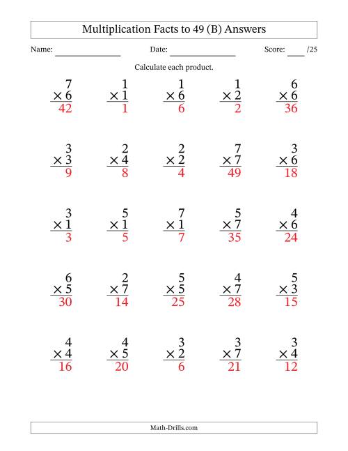 The Multiplication Facts to 49 (25 Questions) (No Zeros) (B) Math Worksheet Page 2