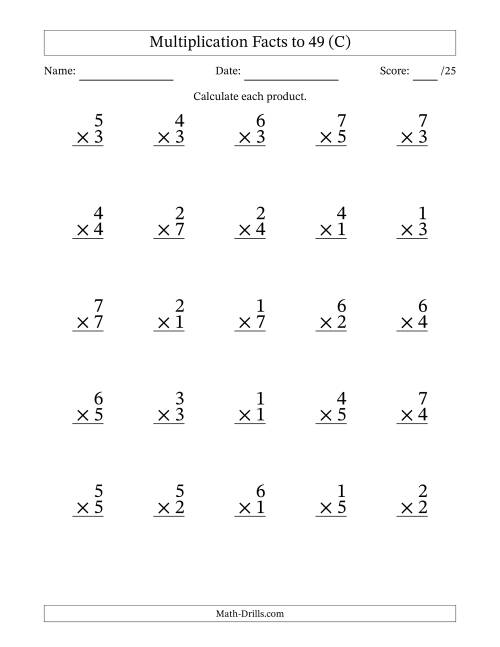 The Multiplication Facts to 49 (25 Questions) (No Zeros) (C) Math Worksheet