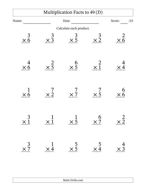 The Multiplication Facts to 49 (25 Questions) (No Zeros) (D) Math Worksheet
