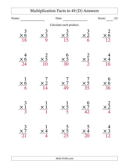 The Multiplication Facts to 49 (25 Questions) (No Zeros) (D) Math Worksheet Page 2