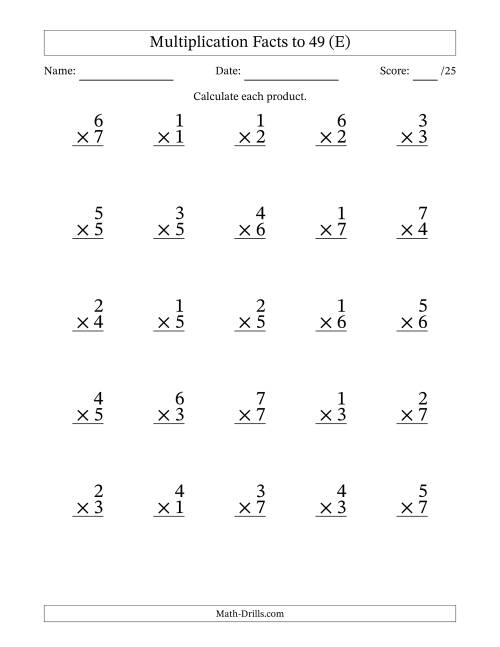The Multiplication Facts to 49 (25 Questions) (No Zeros) (E) Math Worksheet