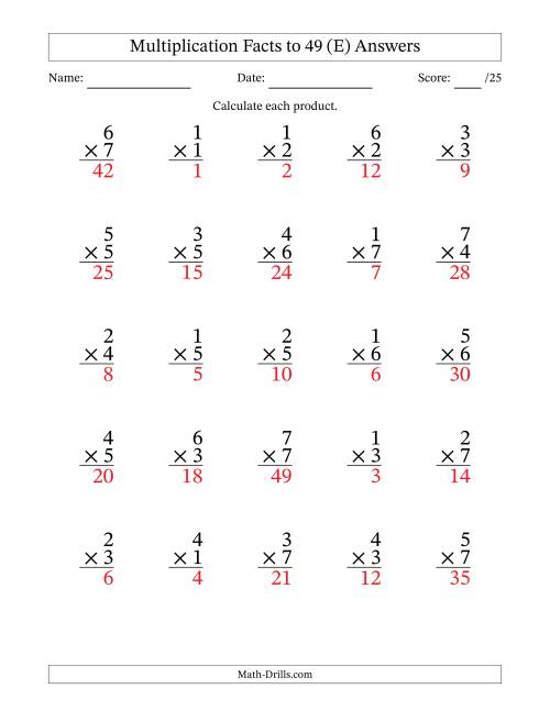 The Multiplication Facts to 49 (25 Questions) (No Zeros) (E) Math Worksheet Page 2