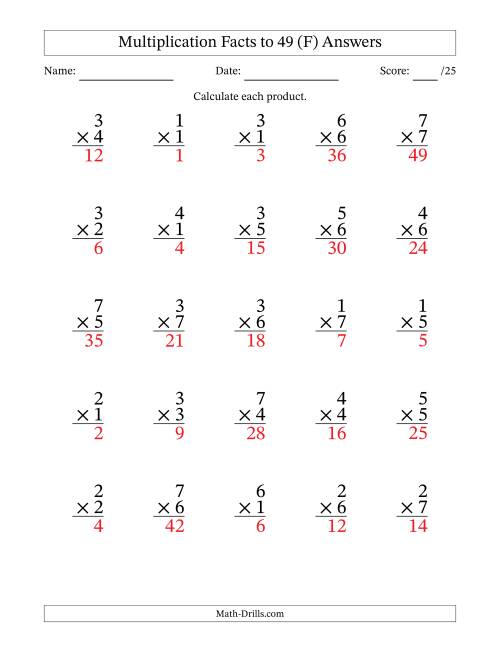 The Multiplication Facts to 49 (25 Questions) (No Zeros) (F) Math Worksheet Page 2