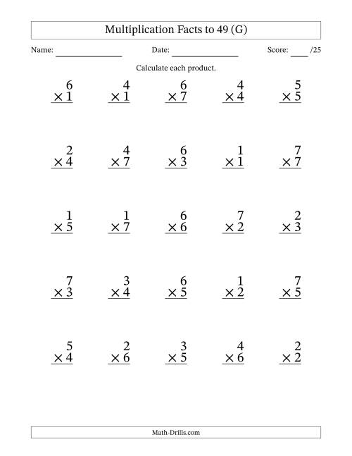 The Multiplication Facts to 49 (25 Questions) (No Zeros) (G) Math Worksheet