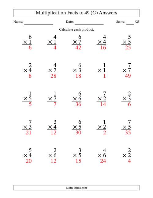 The Multiplication Facts to 49 (25 Questions) (No Zeros) (G) Math Worksheet Page 2