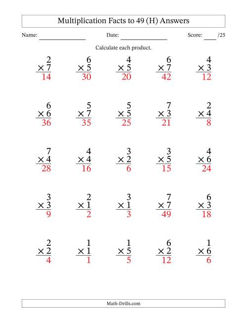 The Multiplication Facts to 49 (25 Questions) (No Zeros) (H) Math Worksheet Page 2