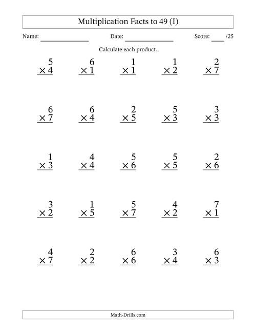 The Multiplication Facts to 49 (25 Questions) (No Zeros) (I) Math Worksheet