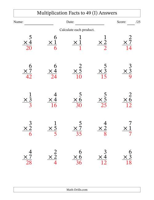 The Multiplication Facts to 49 (25 Questions) (No Zeros) (I) Math Worksheet Page 2