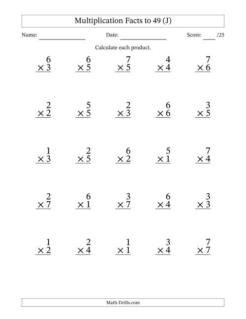 The Multiplication Facts to 49 (25 Questions) (No Zeros) (J) Math Worksheet
