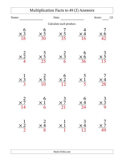 The Multiplication Facts to 49 (25 Questions) (No Zeros) (J) Math Worksheet Page 2
